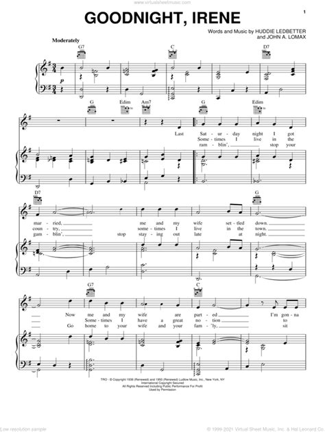 Goodnight Irene Sheet Music For Voice Piano Or Guitar Pdf