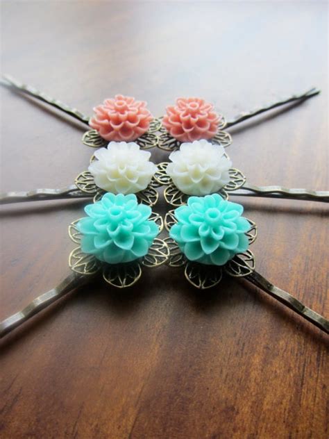 Flower Bobby Pins Set Of 6 Coral Turquoise And White By Createshop 1700 Flower Bobby Pin