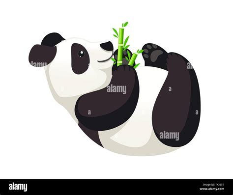 Cute Big Panda Lying On Floor And Holds Bamboo Branch Cartoon Animal