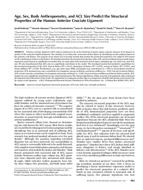 Pdf Age Sex Body Anthropometry And Acl Size Predict The Structural Properties Of The Human