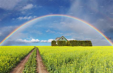 Rainbow Over Field Nature Stock Photos ~ Creative Market