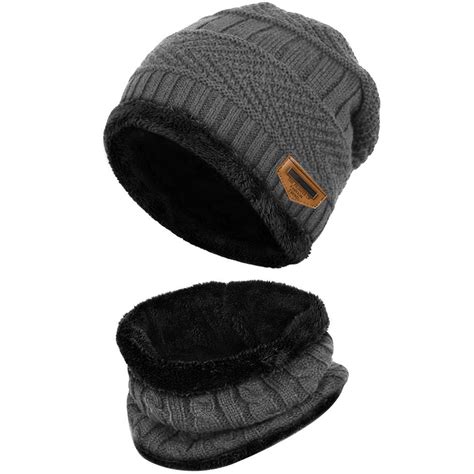 Kids Winter Beanie Hat Circle Scarf Set Warm Knitted Hat Fleece Lined