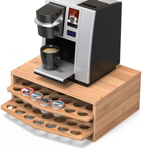 70 Capacity 2 Tier Bamboo Coffee Pod Holder Storage Organizer With Drawer For Keurig K Cup Pods