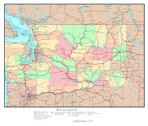 Large detailed administrative map of Washington state with roads