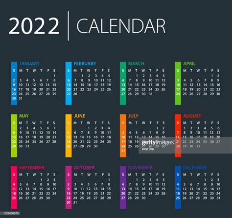 Calendar 2022 Color Vector Illustration Week Starts On Sunday Dark