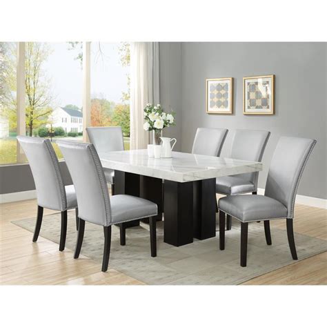 Camila Marble Top Rectanglular 7 Piece Dining Set With Silver Chairs