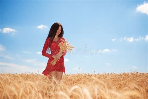 Happy Woman Enjoy The Life In The Field Nature Beauty Blue Skywhite
