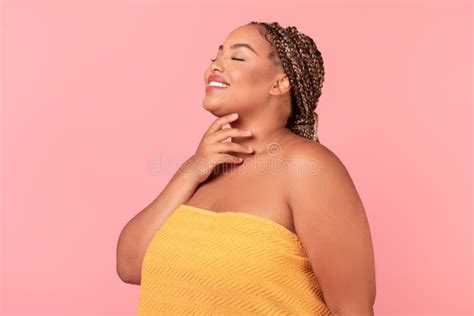 Self Love And Acceptance Concept Portrait Of Happy Black Chubby Woman With Perfect Skin