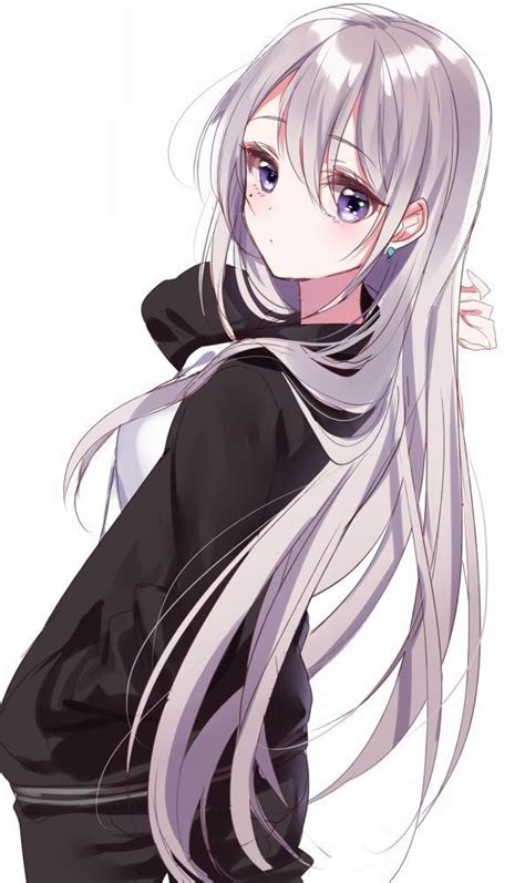 Anime Art ~♡ Bishoujou Beautiful Anime Girl Silver Hair Long Hair Hoodie Casual