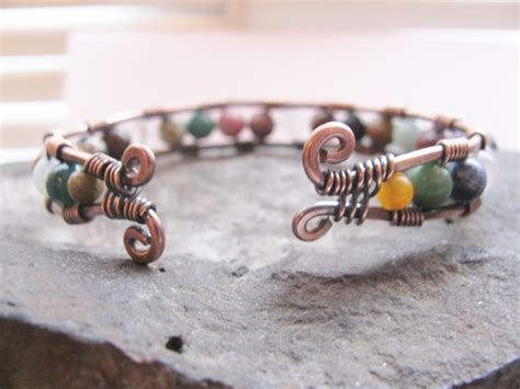 Copper Wire Wrapped Cuff Bracelet With Mixed Gemstone Etsy
