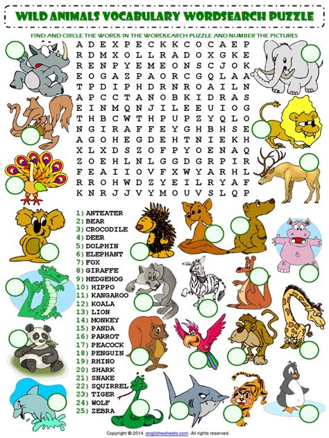 Wild Animals Vocabulary Esl Wordsearch Puzzle Worksheetpdf Word