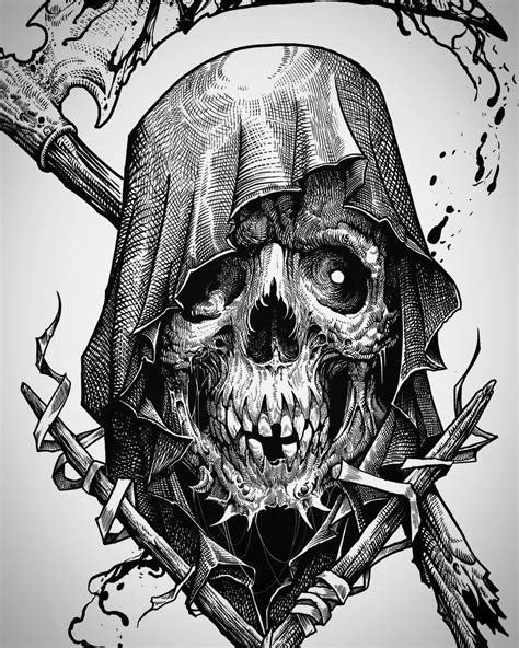 Grim Reaper Illustration Dark Art Tattoo Skulls Drawing Skull Art