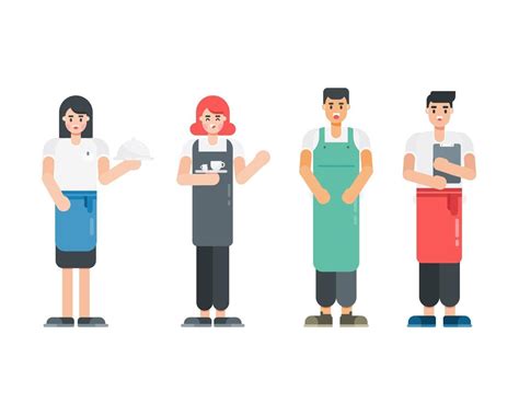 Set Of Waitress Character Restaurant Staff Characters In Flat Style