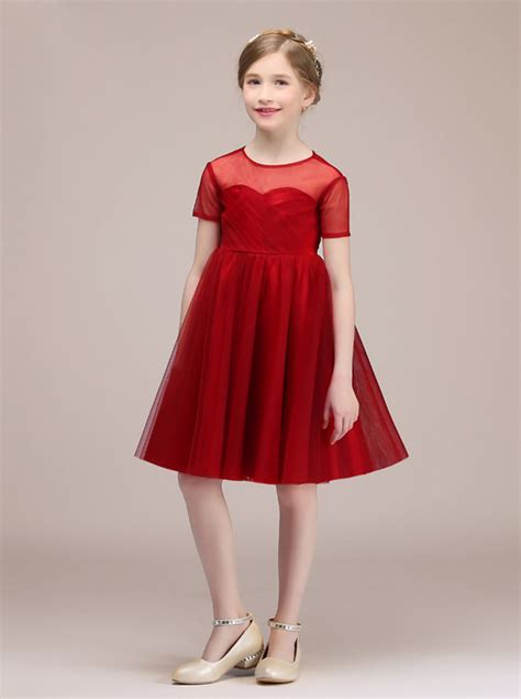 Red Tulle Knee Length Junior Bridesmaid Party Dress With Sleeves