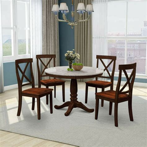 5 Pieces Retro Dining Table And Chairs Set For 4 Persons Round Solid Wood Table With 4 Chairs