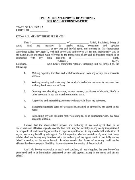 Special Durable Power Of Attorney For Bank Account Matters Louisiana Form Fill Out And Sign