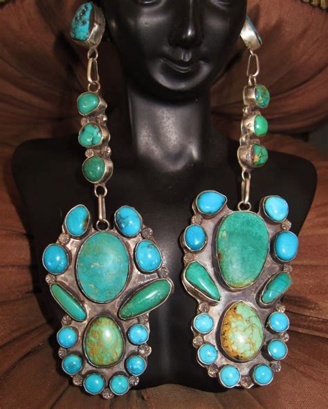 Navajo Lydia Begay Long Dangling Cluster Turquoise Earrings Sterling