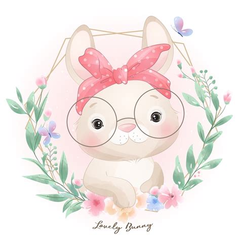 Premium Vector Cute Doodle Bunny With Floral Illustration