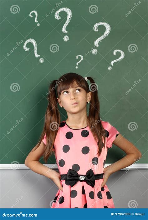 Child Girl With Question Mark On School Blackboard Stock Photo Image