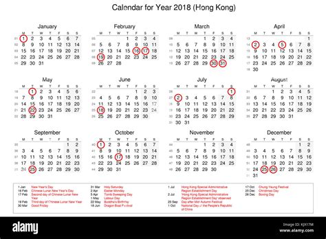 Calendar Of Year 2018 With Public Holidays And Bank Holidays For Hong