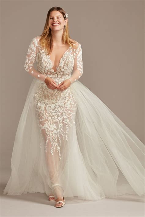 Illusion Sleeve Plunging Plus Size Wedding Dress Davids Bridal In 2022 Davids Bridal