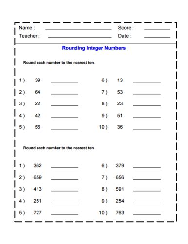 Rounding Integer Numbers Worksheets