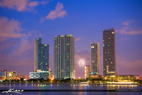 Miami Skyline Buidlings With Moon Setting Hdr Photography By Captain Kimo