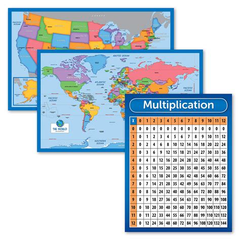 Buy 3 Pack World Map And Usa Map For Kids Multiplication Table Chart