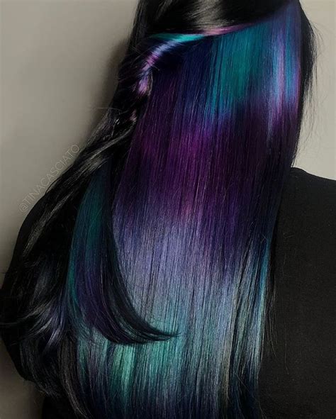 Peekaboo Highlights On Dark Hair Teal Purple And Blue Dark Hair With
