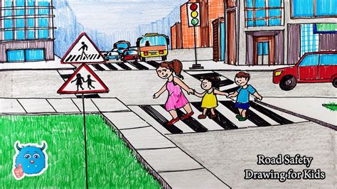 How To Draw Road Safety Drawing City Kids Using A Zebra Crossing Scene