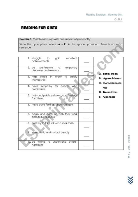 English Worksheets Reading For Gist