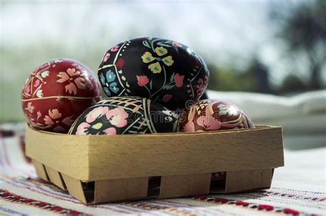 Easter Eggs In A Wooden Box Painted Eggs Religious Holiday On T Stock