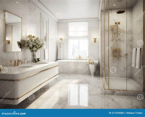 A Pristine White Marble Bathroom with Gilded Fixtures and Plush Towels