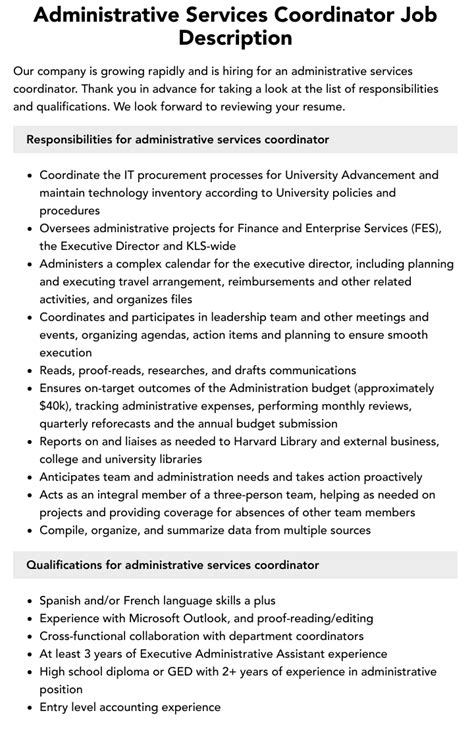 Administrative Services Coordinator Job Description Velvet Jobs