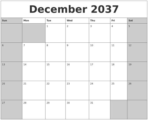 December 2037 Calanders