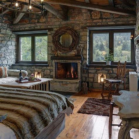 Stone Fireplace In The Bedroom One Room Cabins Barn Living Log