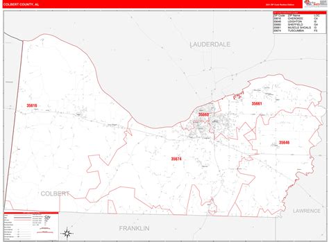 Colbert County, AL Zip Code Wall Map Red Line Style by MarketMAPS
