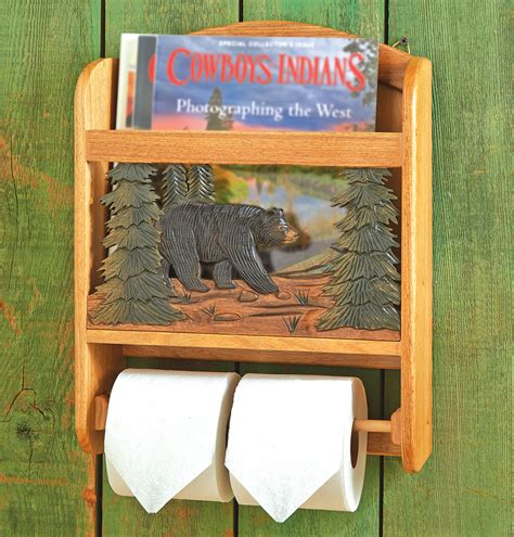 Remove the toilet paper holder by heating the adhesive behind the back of each post and the wall with a hair dryer or heat gun. Wood Bear Toilet Paper Holder and Magazine Rack