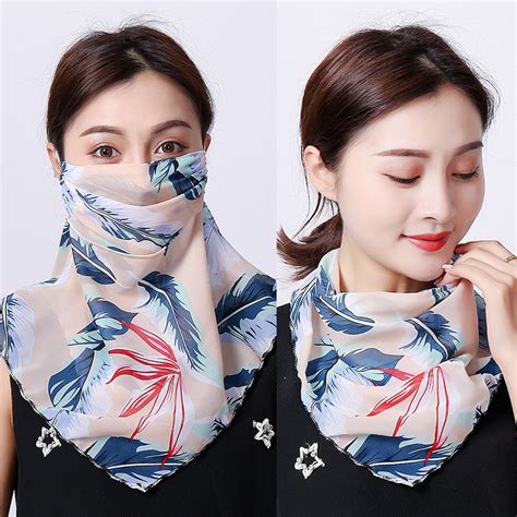Second Sell Sunscreen Mask Summer Thin Breathable Neck Protection Uv Chiffon Printed Silk Scarf