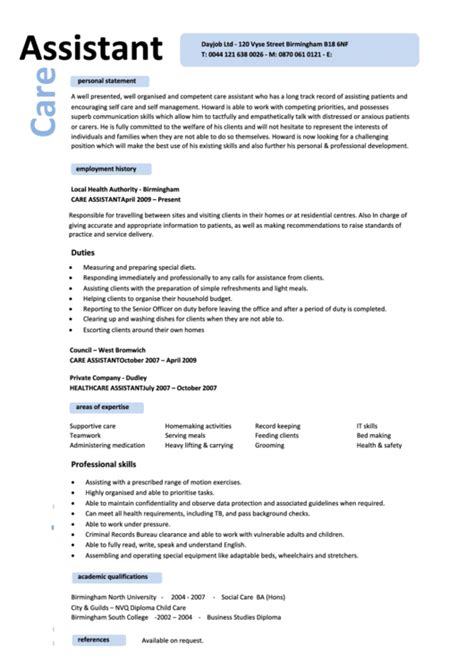 Personal Summary Template Care Assistant Personal Statement