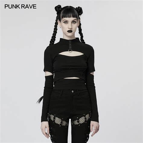 punk rave women s t shirt punk style hollow out handsome daily contrasting color lines sexy