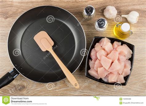 Pieces Of Raw Chicken Meat In Bowl Frying Pan Oil Stock Photo Image