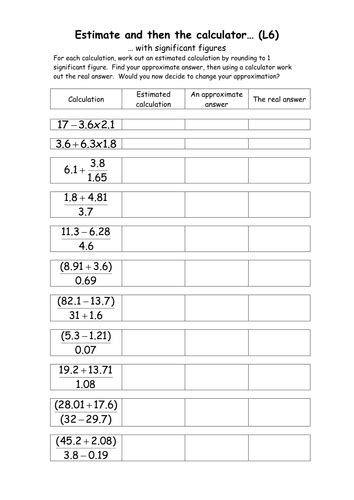 Maths Ks3 Worksheet Estimate Calculate Teaching Resources