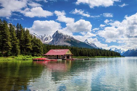 Boat House And The Maligne Lake In Jasper National Park Photograph By
