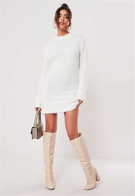 White Fluffy High Neck Sweater Dress Missguided