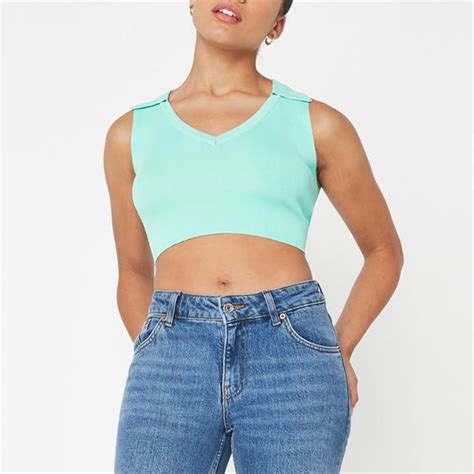 Missguided Rib Polo Knit Crop Top Mint