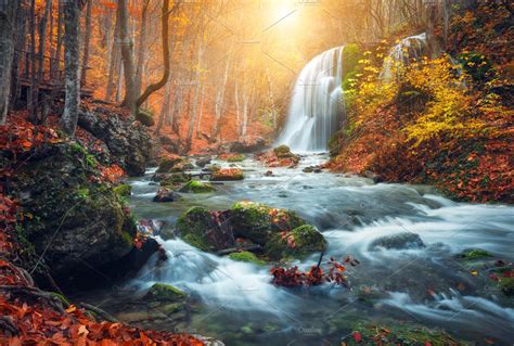 Waterfall In Autumn Forest ~ Nature Photos ~ Creative Market