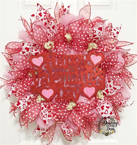 Happy Valentines Day Pink And Red Heart Deco Mesh Wreath Valentine Day