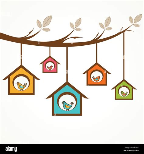 Collection Of Funny Birds In Feeders Hanging By A Branch Stock Vector