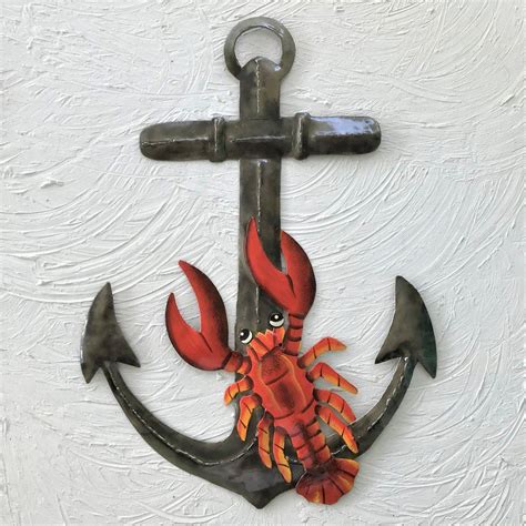 17in Metal Charcoal Anchor With Lobster Wall Art Metal Wall Art Decor